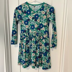 Tea Collection: Green & Blue Long Sleeve Floral Twirl Dress 100% Cotton: Size 10